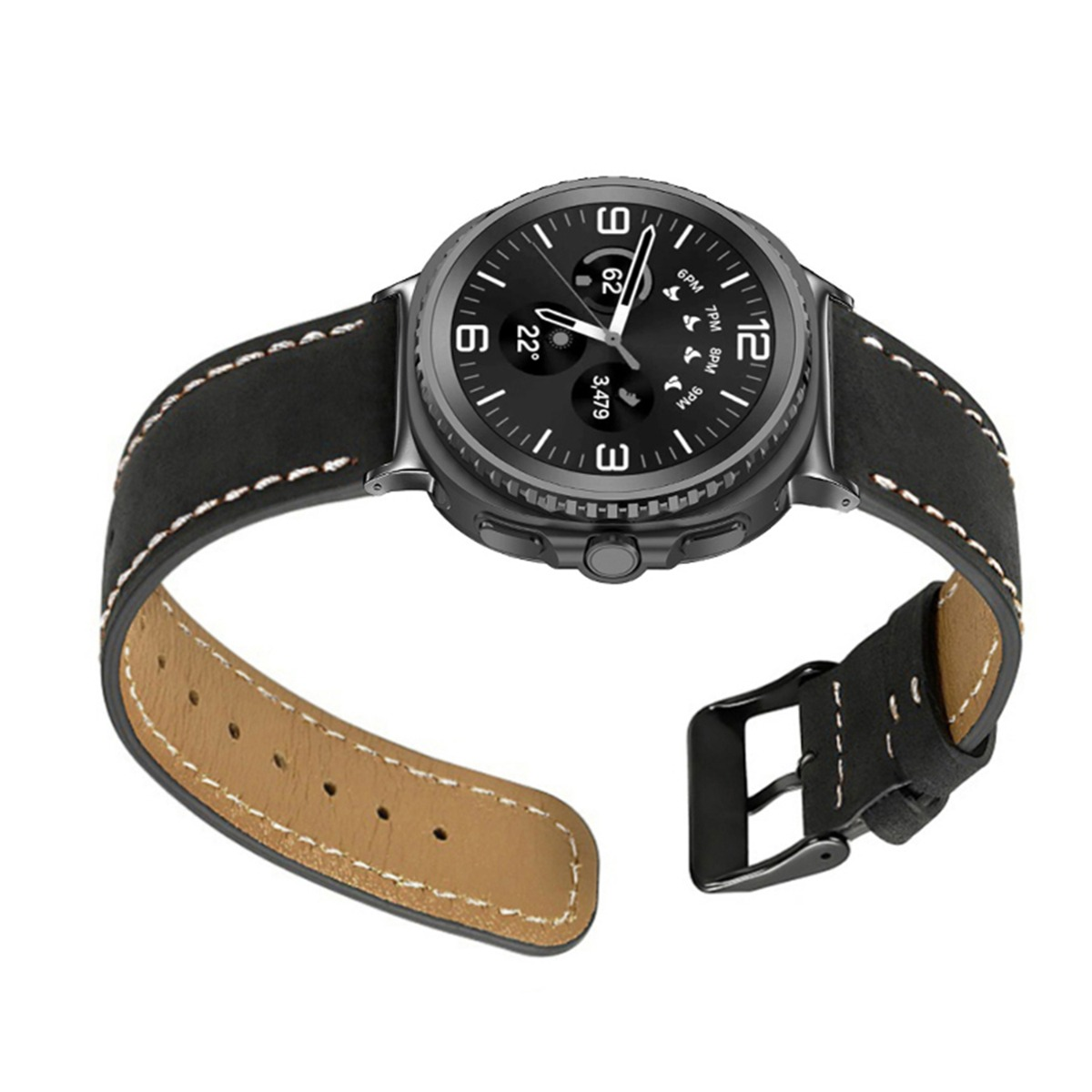 Schwarze Smartwatch mit Lederarmband und Schnalle. Das Zifferblatt zeigt Uhrzeit und Daten.