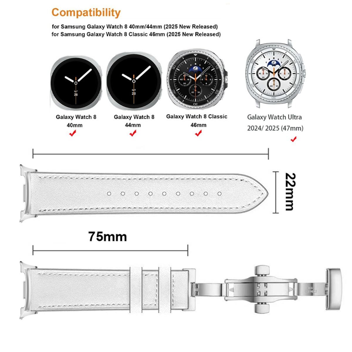 Kompatibilität mit Samsung Galaxy Watch 8/Ultra. Weiße 75mm Uhrenarmbänder mit 22mm Breite.