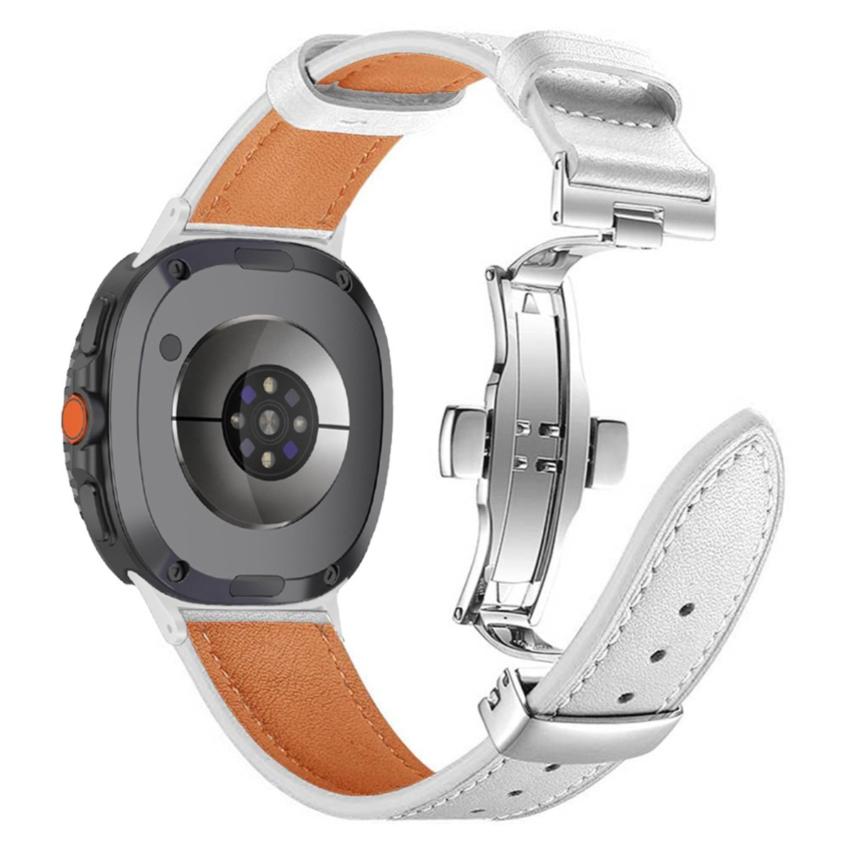 Rückseite einer Smartwatch mit weißem Lederarmband und silberner Faltschließe.