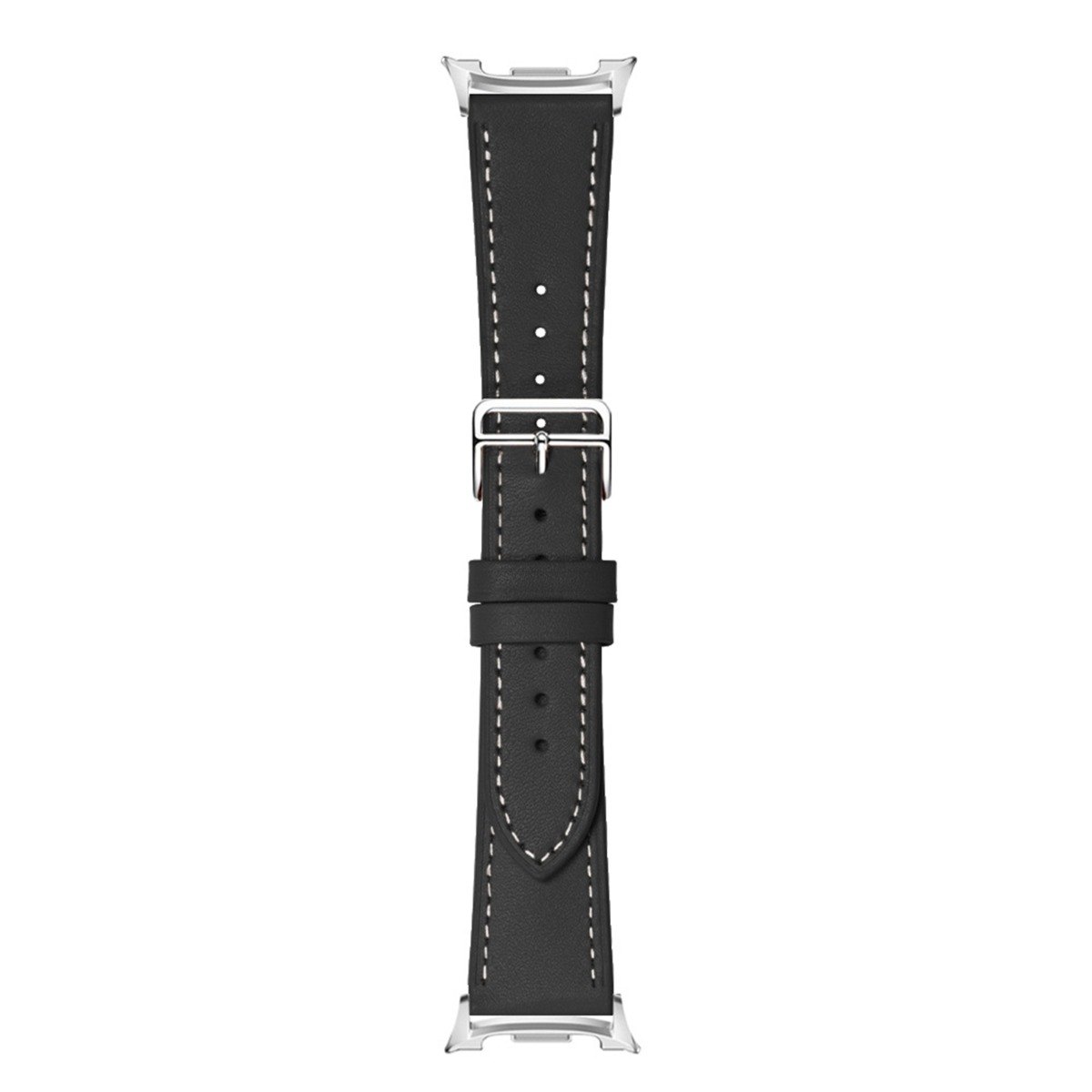 Schwarzes Lederarmband mit weißer Naht und silberner Schnalle.