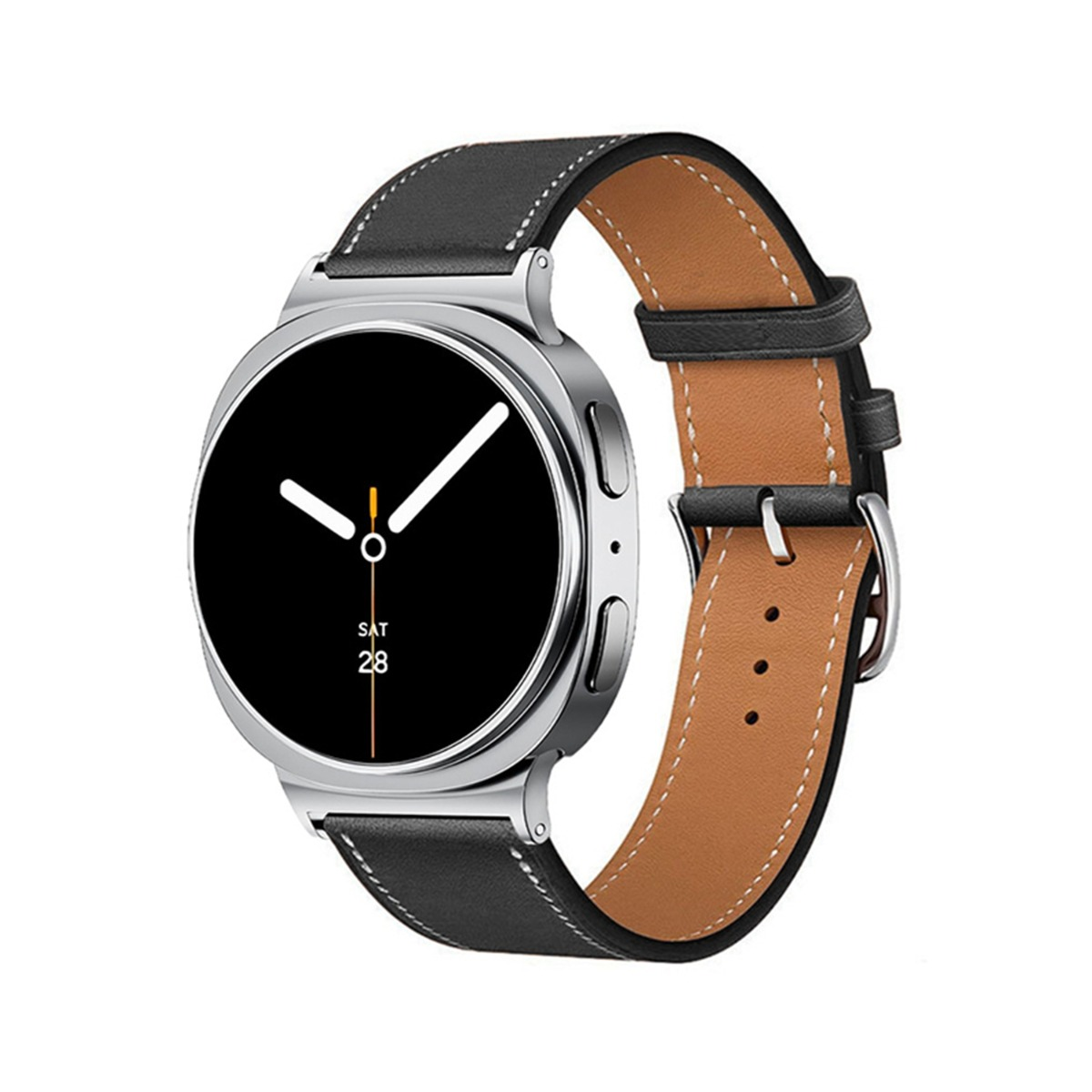Eine silberne Smartwatch mit schwarzem Lederarmband und braunem Futter.