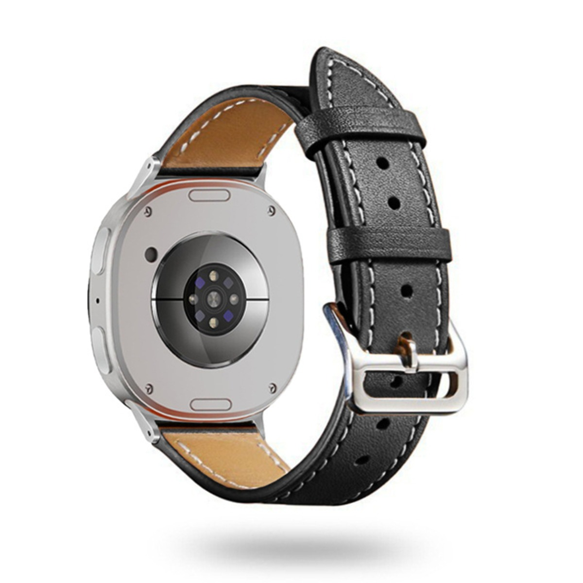 Rückseite einer Smartwatch mit schwarzem Lederarmband und Metallschnalle.