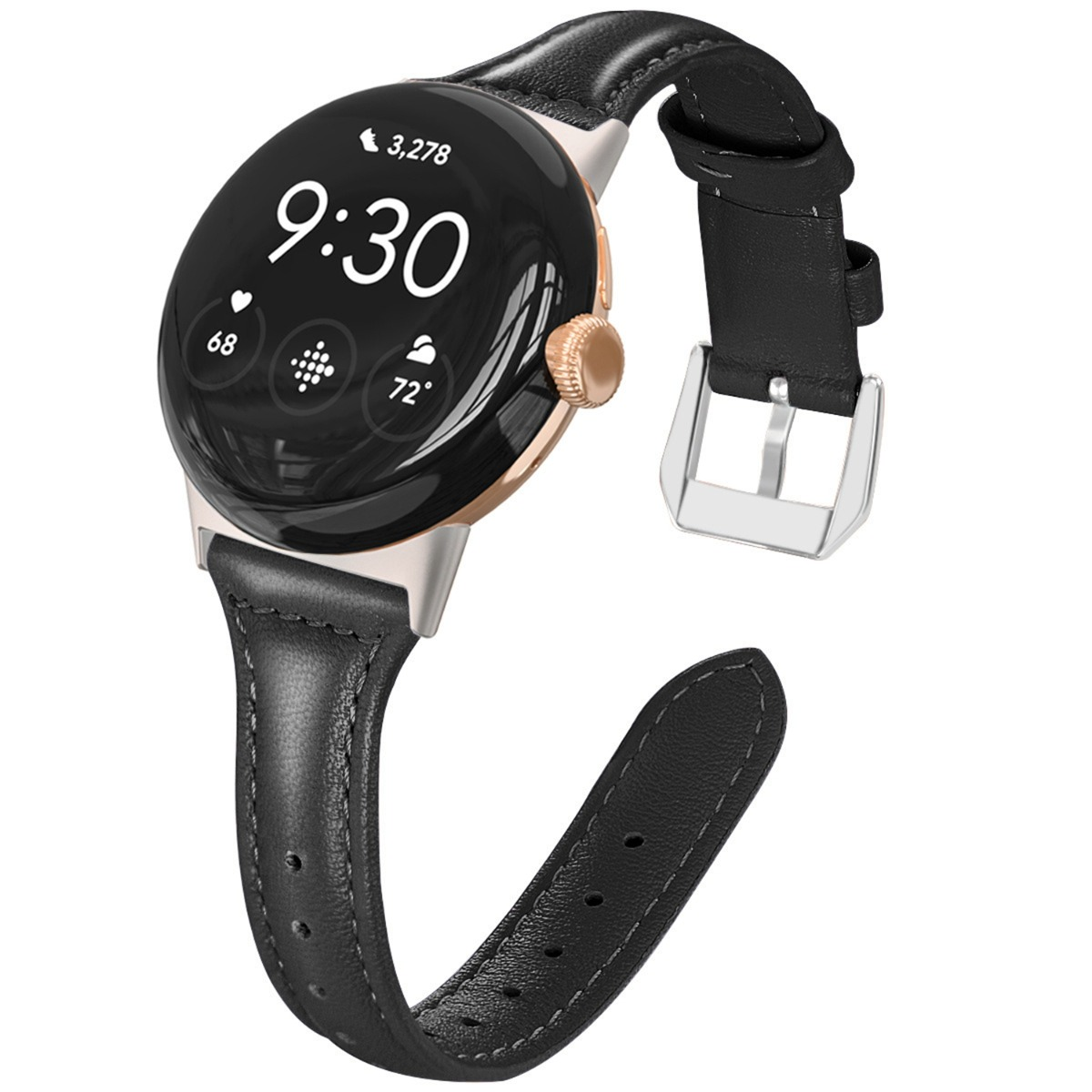 Uno smartwatch in pelle nera con accenti oro rosa mostra le 9:30.