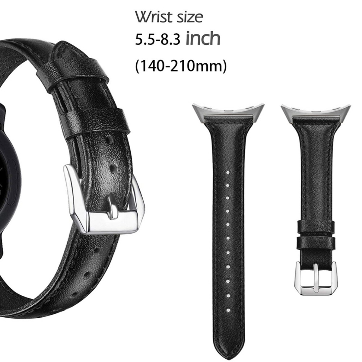 Cinturino in pelle nera per orologio con fibbia e connettori argentati. Misura 5,5-8,3.