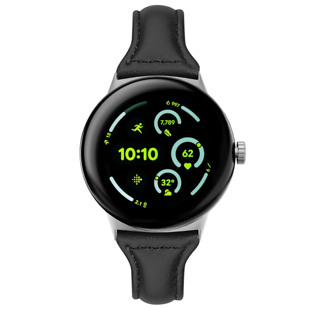 Uno smartwatch nero con quadrante rotondo che mostra l'ora 10:10 e statistiche.
