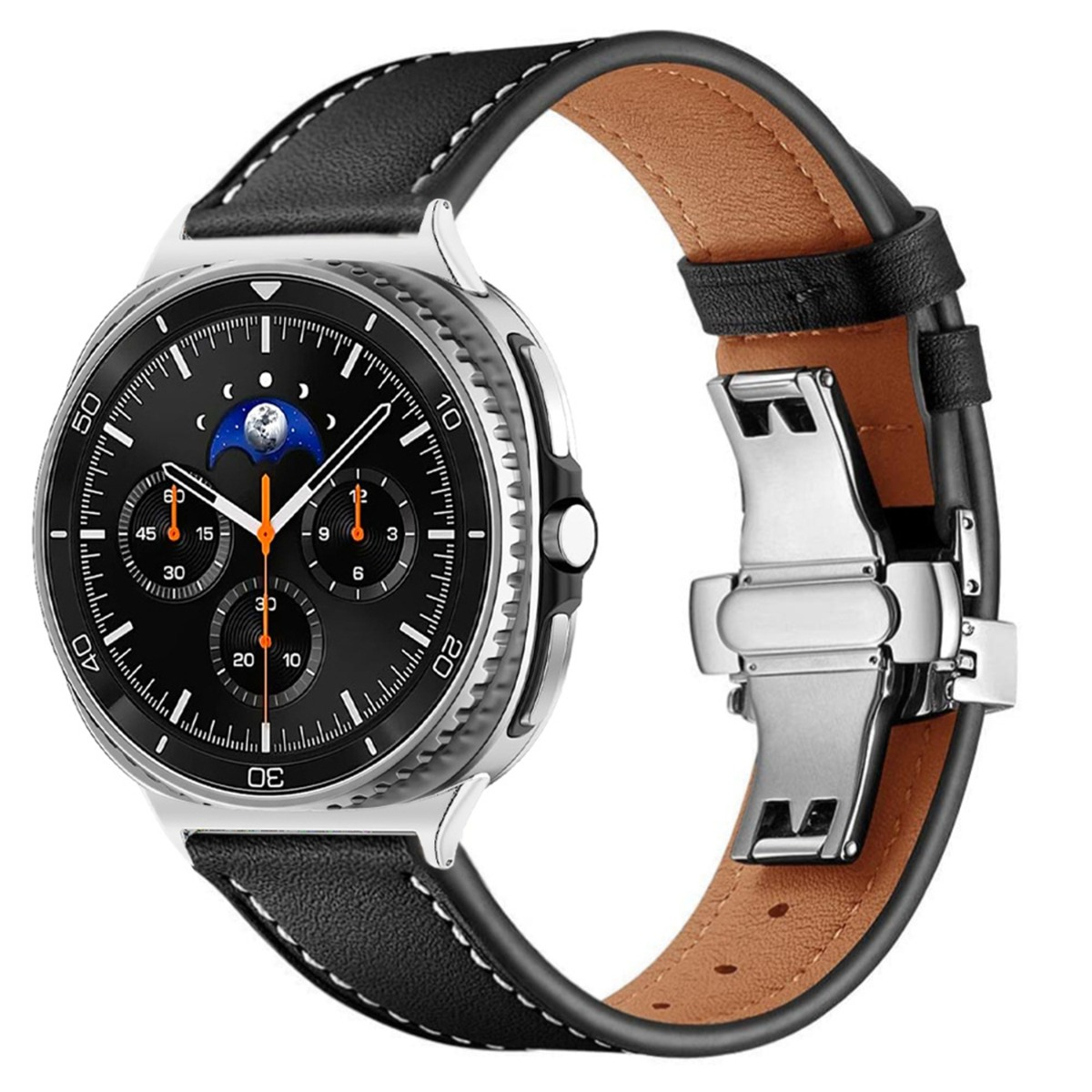 Uno smartwatch in pelle nera con ghiera argentata e display fasi lunari.