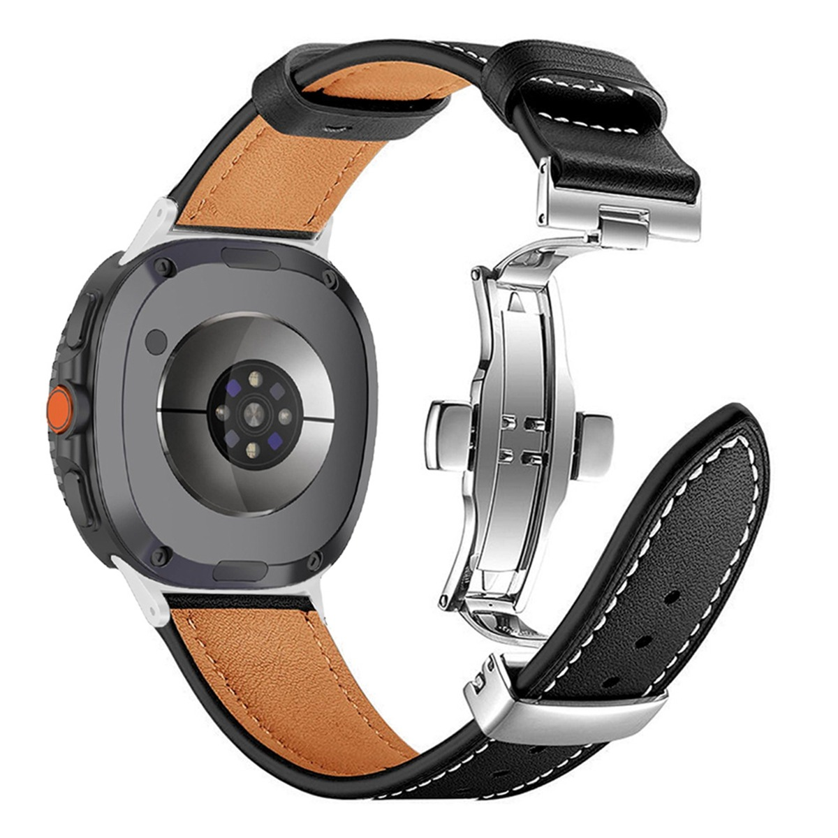 Retro di uno smartwatch con cinturino in pelle marrone e fibbia argentata.
