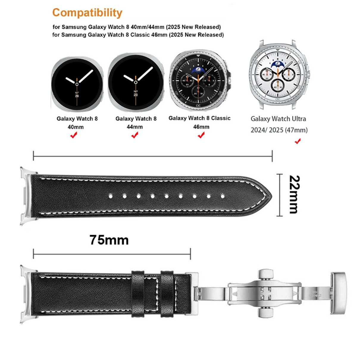 Grafico di compatibilità per modelli Galaxy Watch con dimensioni cinturino.