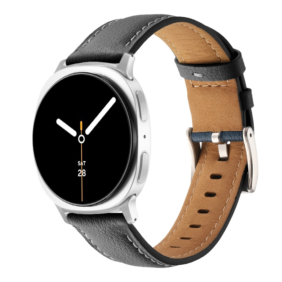Silberne Smartwatch mit schwarzem Lederarmband und schwarzem Zifferblatt mit weißen Zeigern.