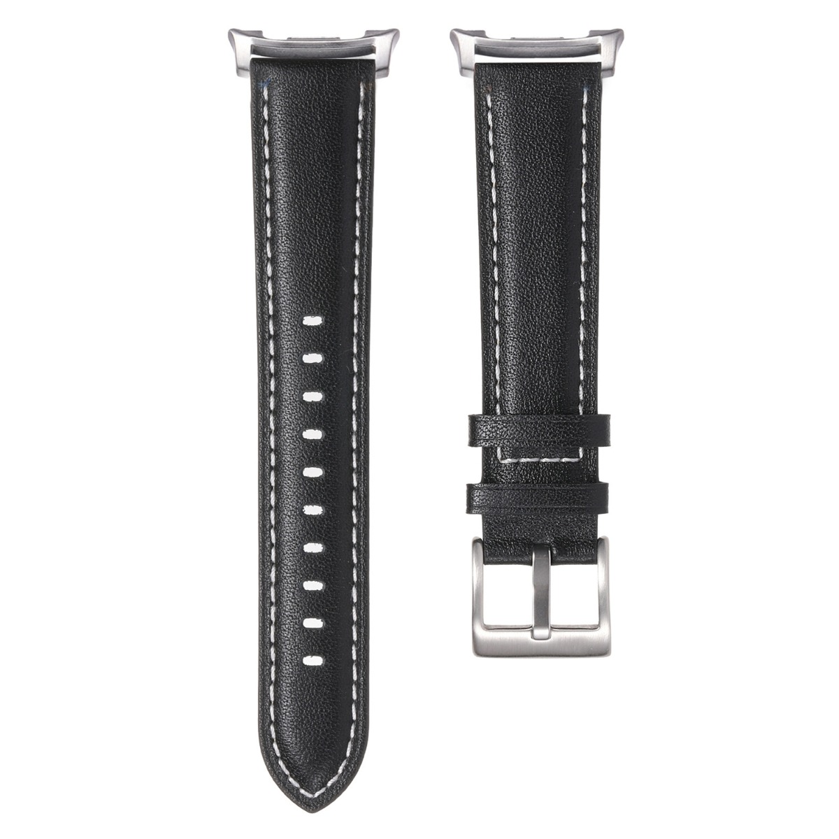 Schwarzes Lederarmband mit weißen Nähten und Metallschnalle.