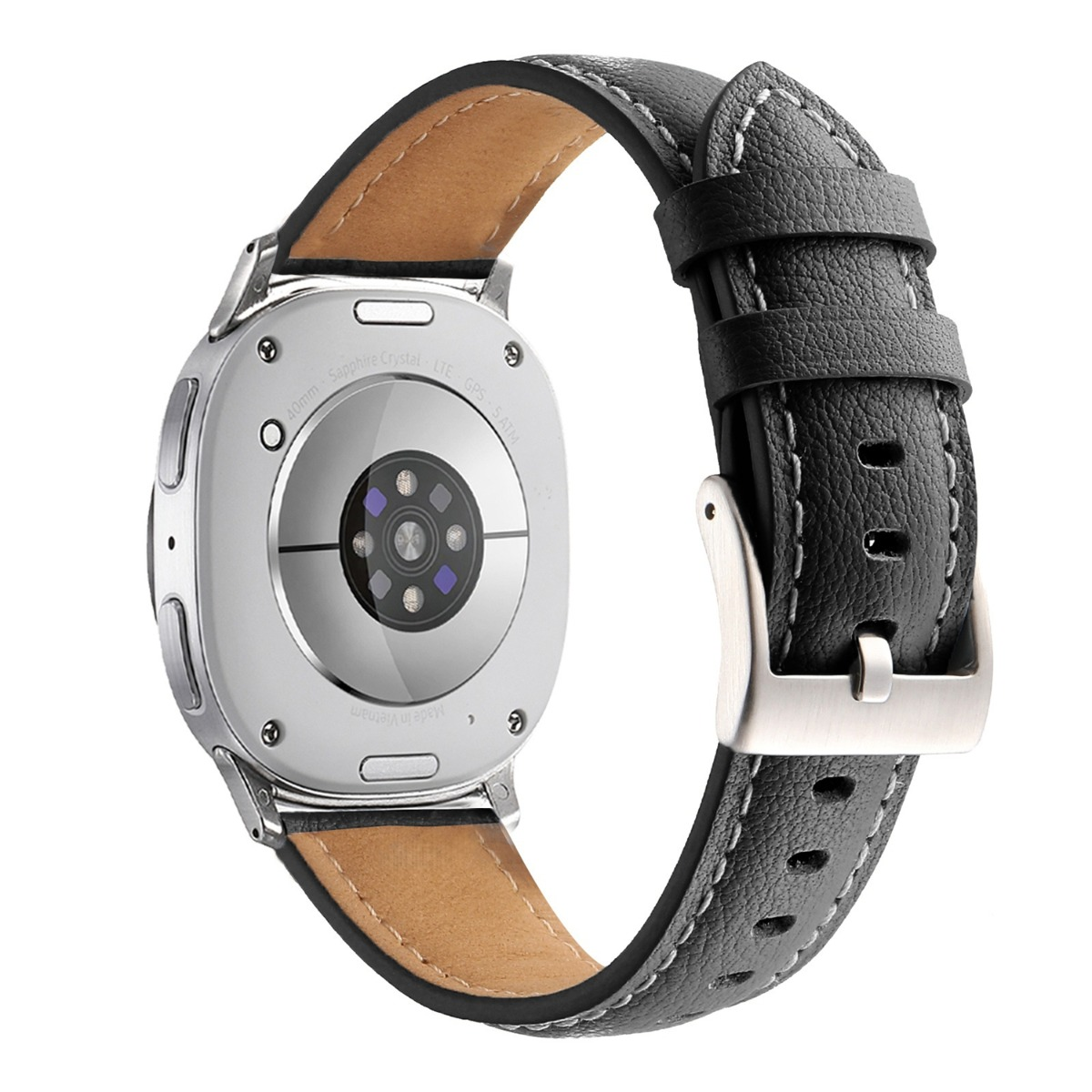 Rückseite einer silbernen Smartwatch mit schwarzem Lederarmband und Metallschnalle.
