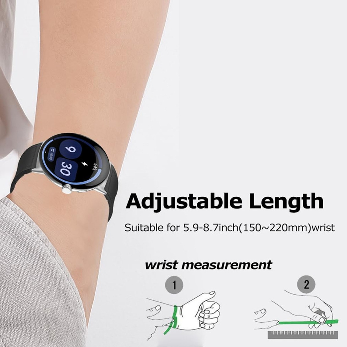 Eine Uhr mit schwarzem Armband an einem Handgelenk, Text 'Adjustable Length'.