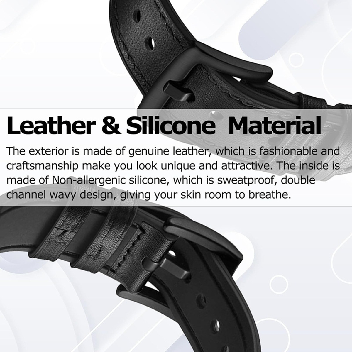 Schwarzes Lederarmband mit Schnalle, Beschreibung von Leder und Silikon.