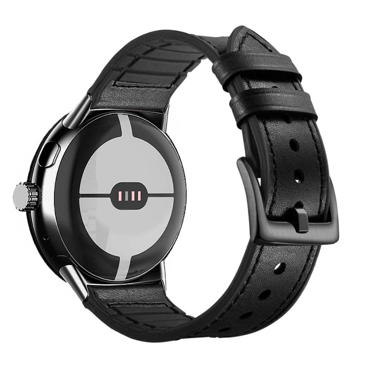 Rückseite einer schwarzen Smartwatch mit Lederarmband und Ladekontakten.