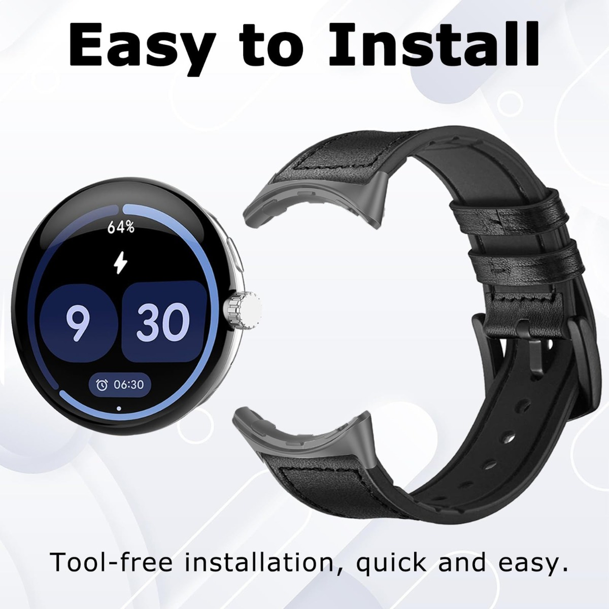 Schwarzes Lederuhrenarmband neben einer Smartwatch mit 9:30. Einfache Installation.