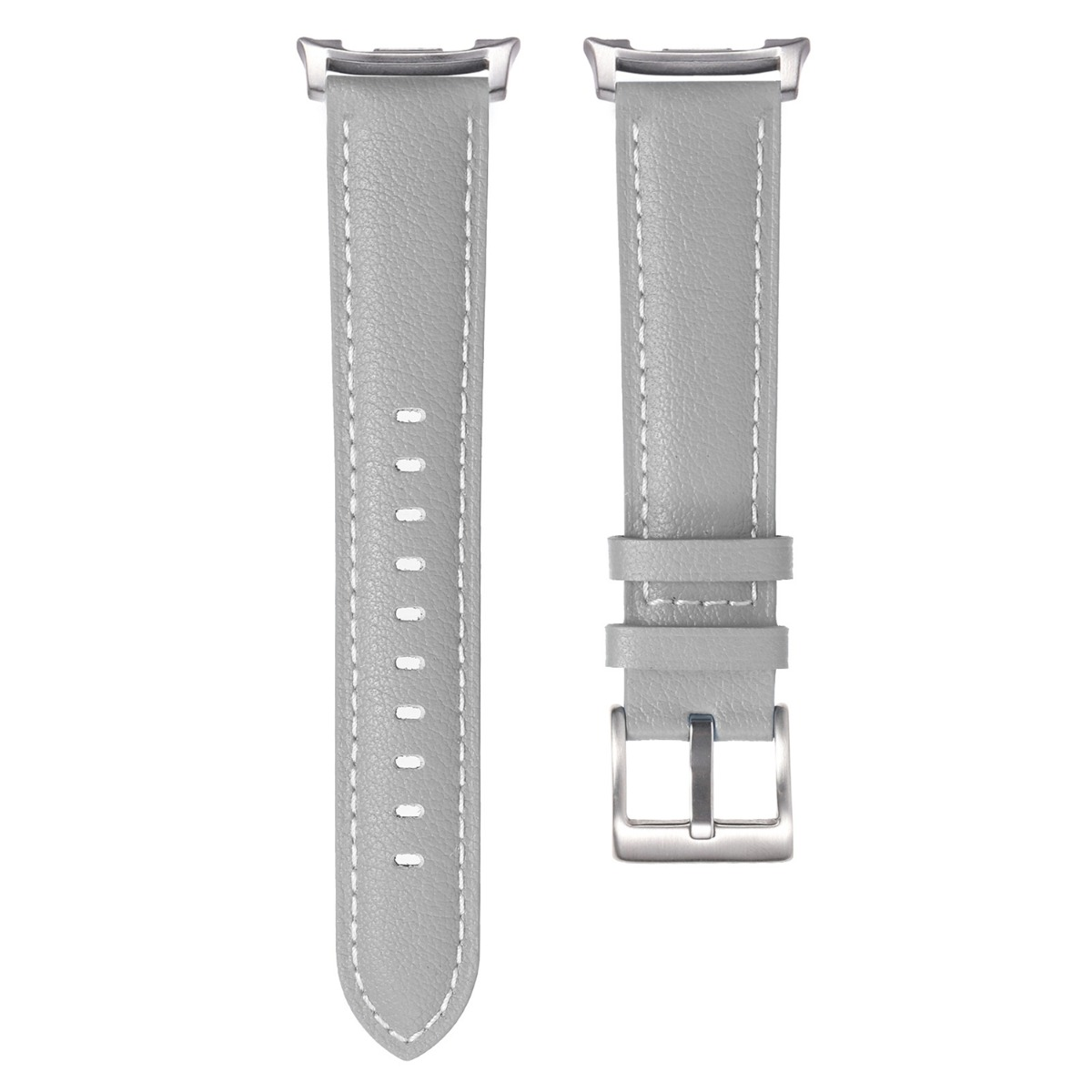 Zwei graue Leder-Uhrenarmbänder mit weißen Nähten und Metallschnallen.