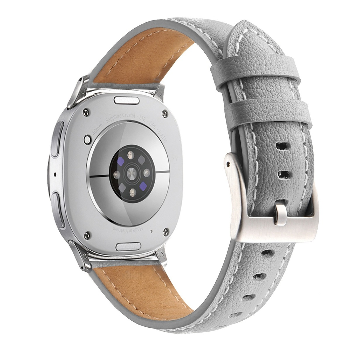 Rückseite einer grauen Smartwatch mit Lederarmband und Metallschnalle.