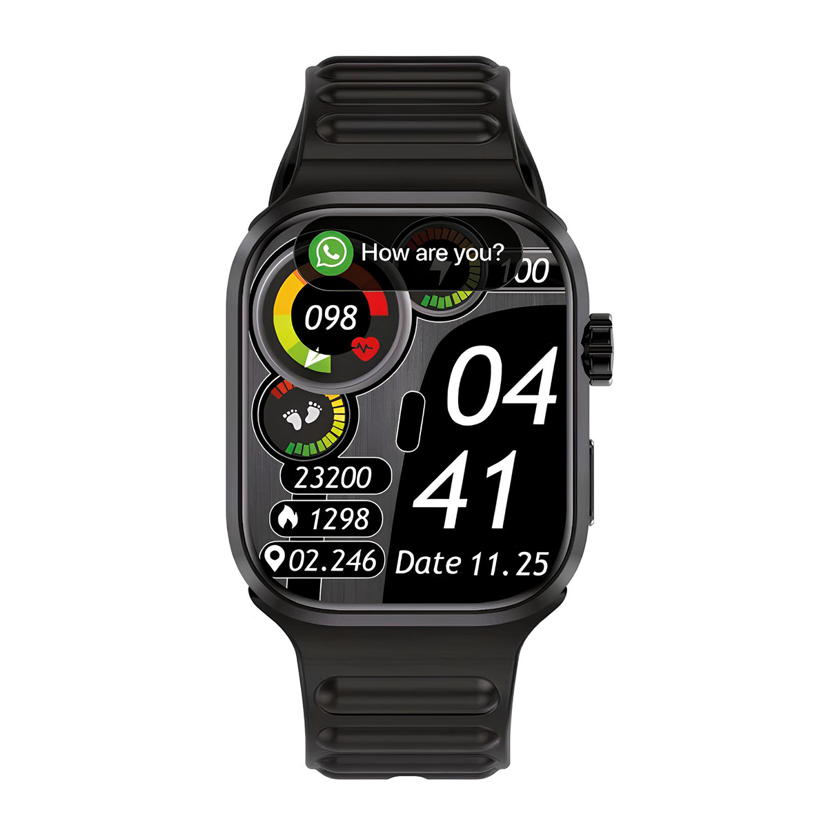 Reloj inteligente negro con pantalla: hora 04:41, 98, 23200 pasos, 1298.