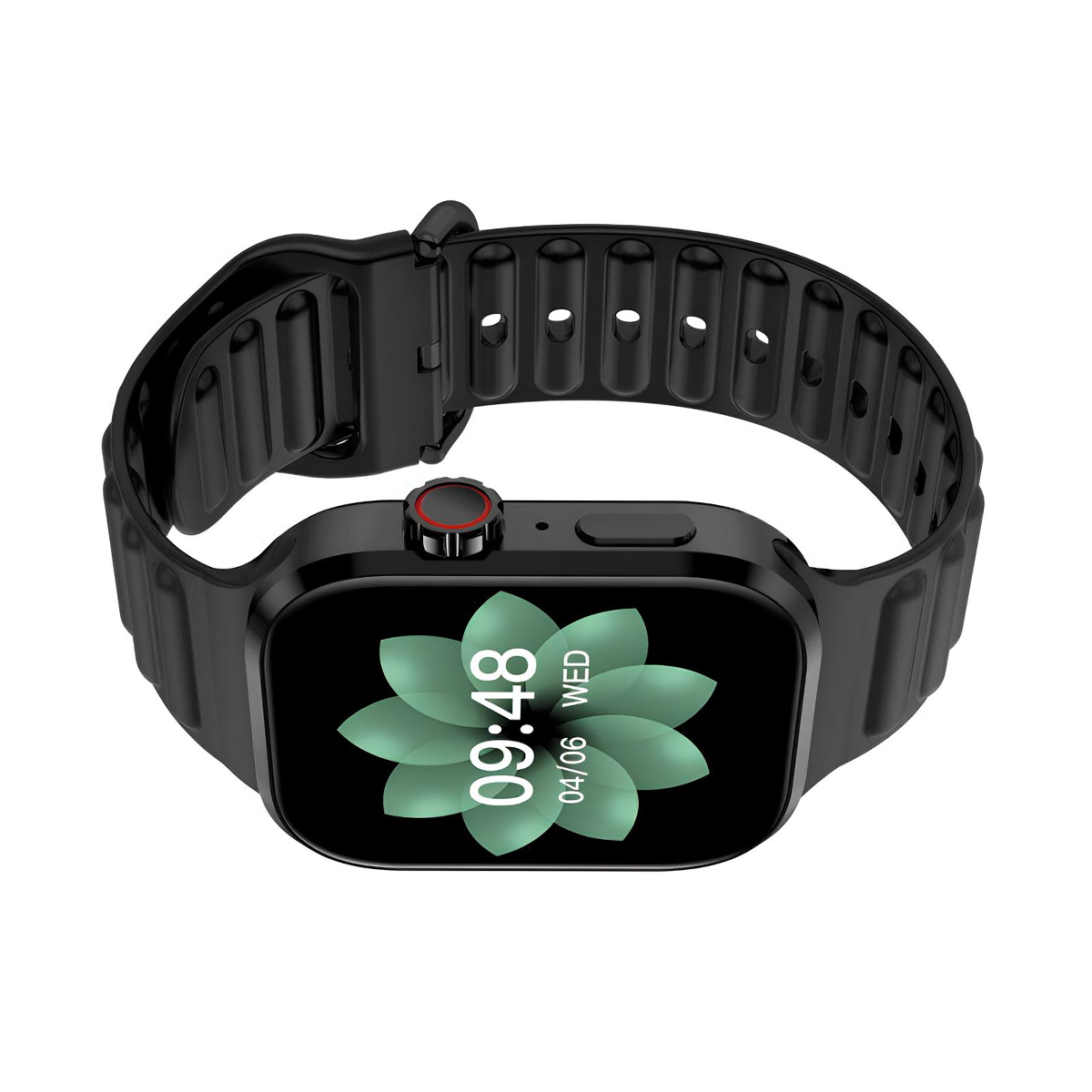 Reloj inteligente negro con esfera floral, muestra 09:48 y 04/06 miércoles.