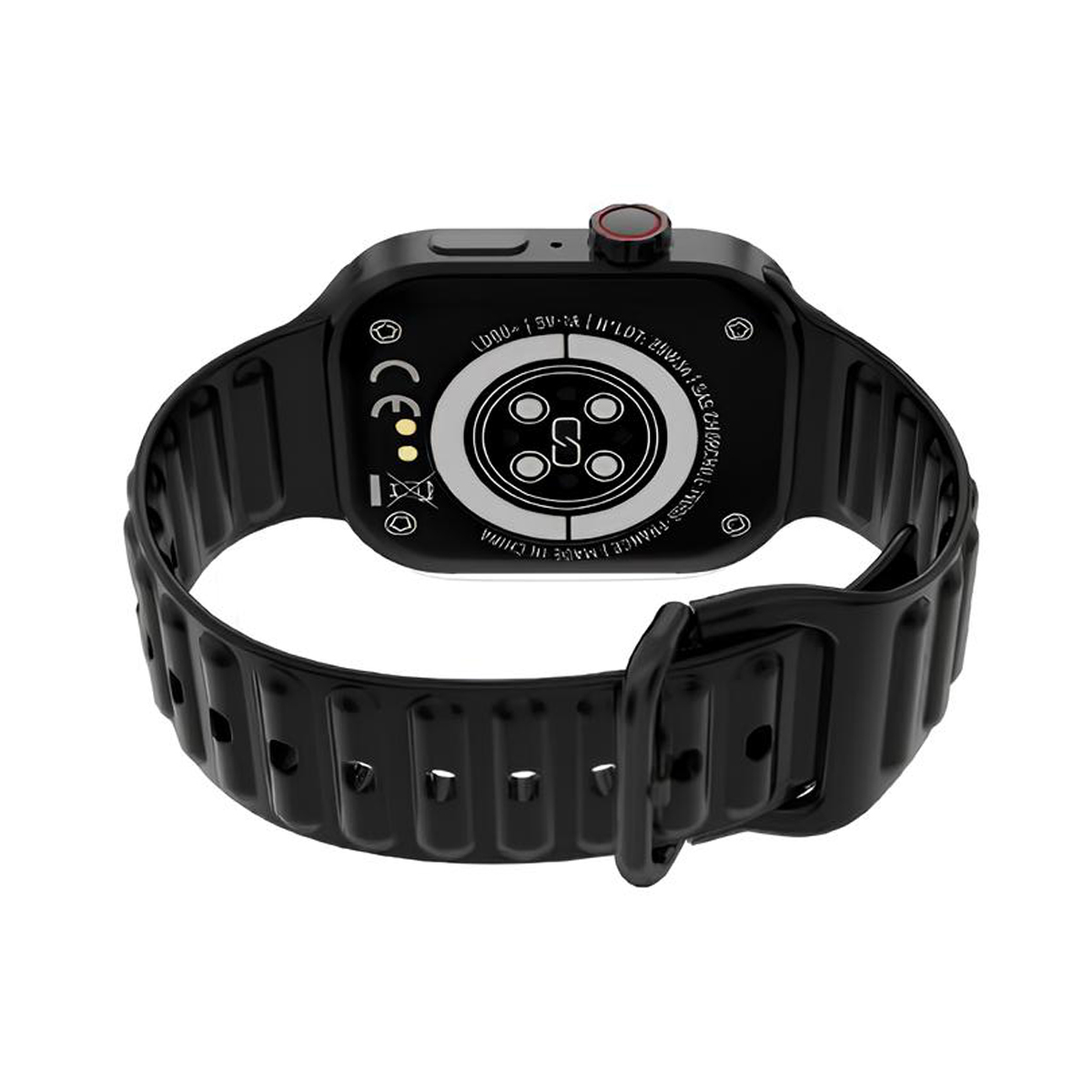 Reloj inteligente negro por detrás mostrando contactos de carga y marca CE.