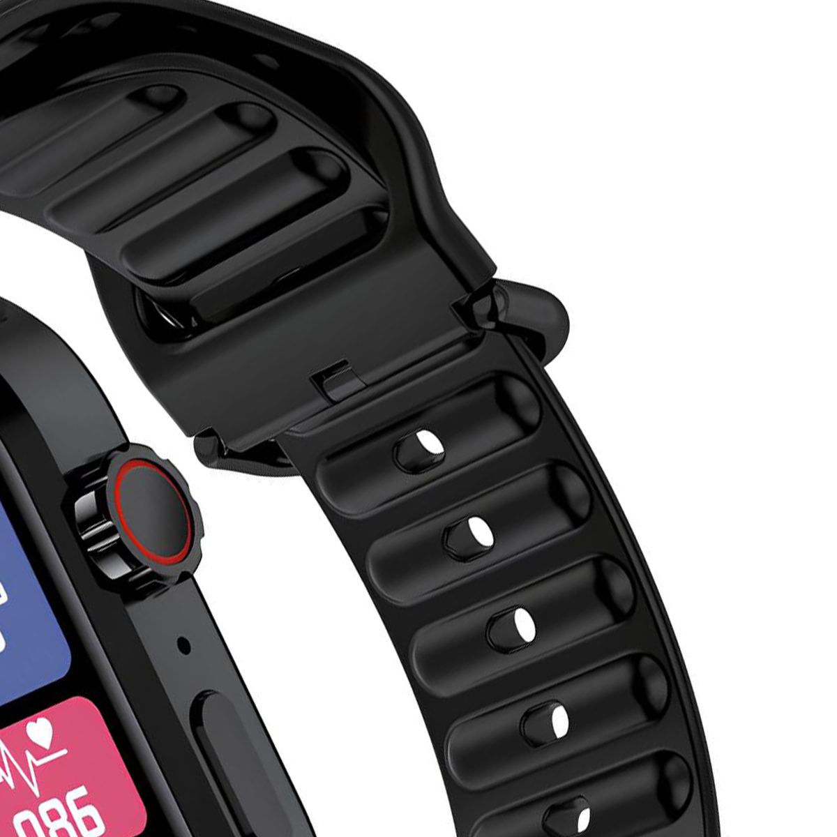 Primer plano de un reloj inteligente negro con botón y correa rojos. Reloj digital.
