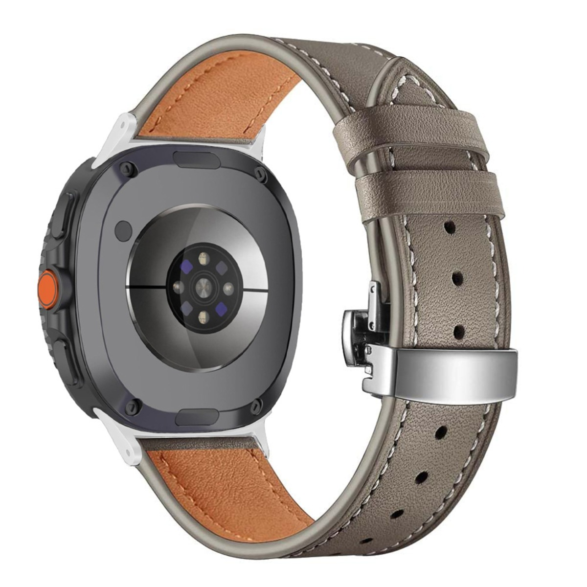 Rückseite einer Smartwatch mit braunem Lederarmband und Metallschnalle.
