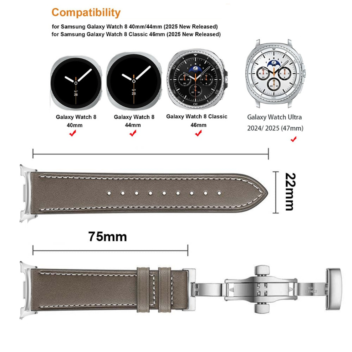 Graues Lederarmband mit Schließe, kompatibel mit Samsung Galaxy Watch.