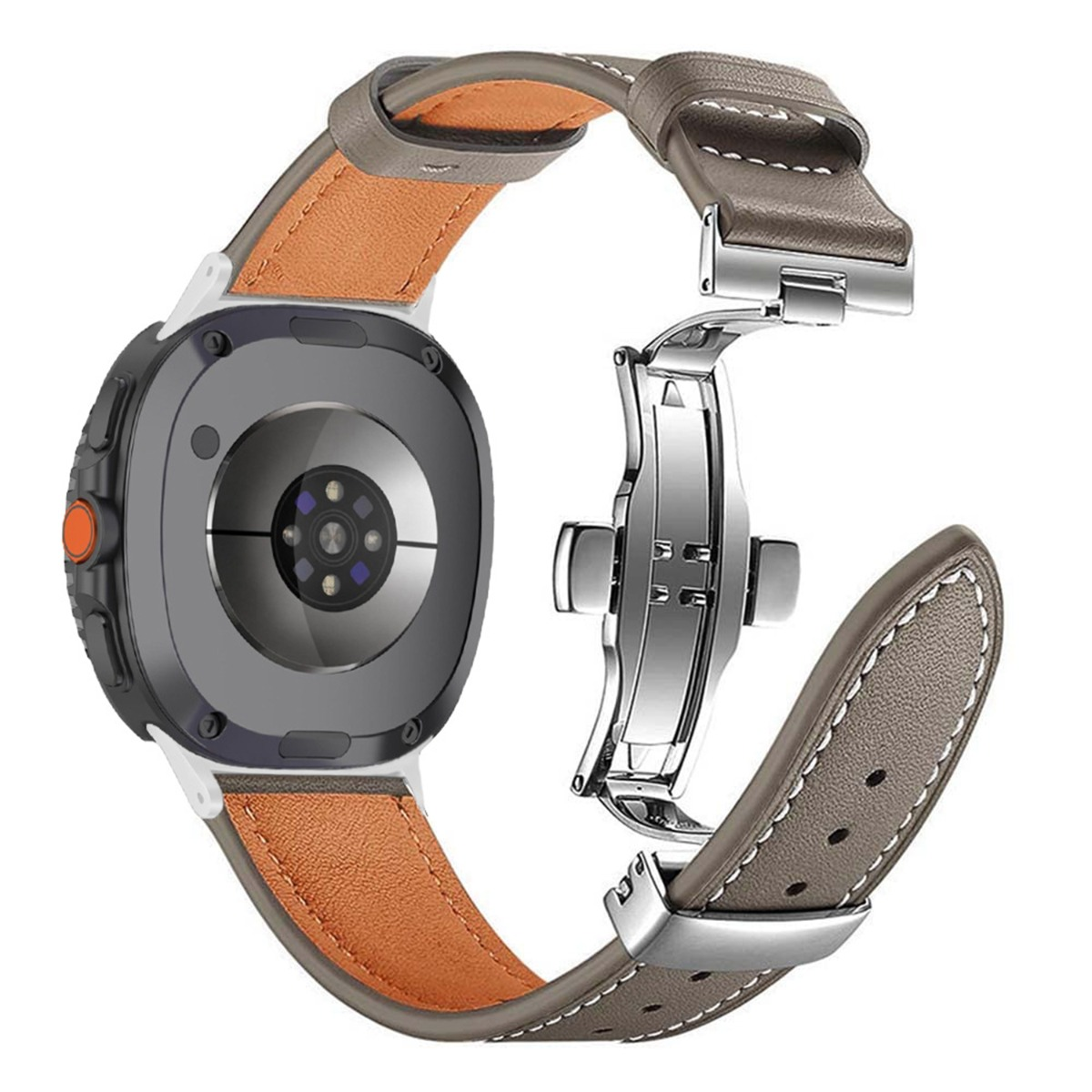Rückseite einer Smartwatch mit grauem Lederarmband und silberner Faltschließe.