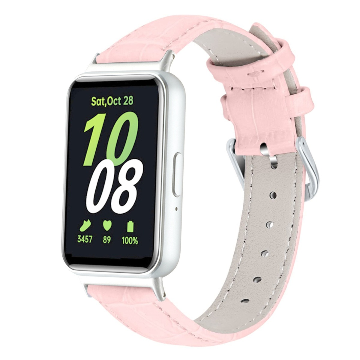 Silberne Smartwatch mit rosa Krokodillederarmband. Uhrzeit 10:08.