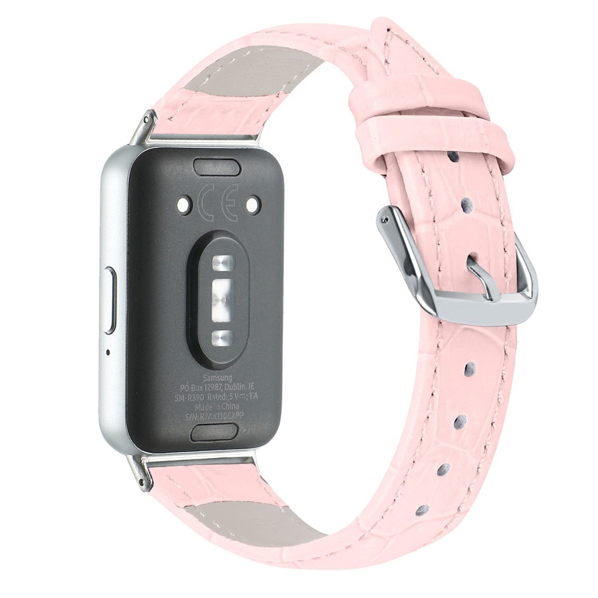 Ein rosafarbener Krokodilleder-Uhrenarmband mit silbernem Dornschließe.