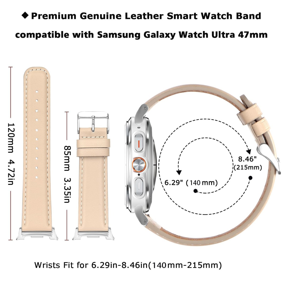 Cinturino in pelle per Samsung Galaxy Watch Ultra 47mm. Mostra dimensioni.