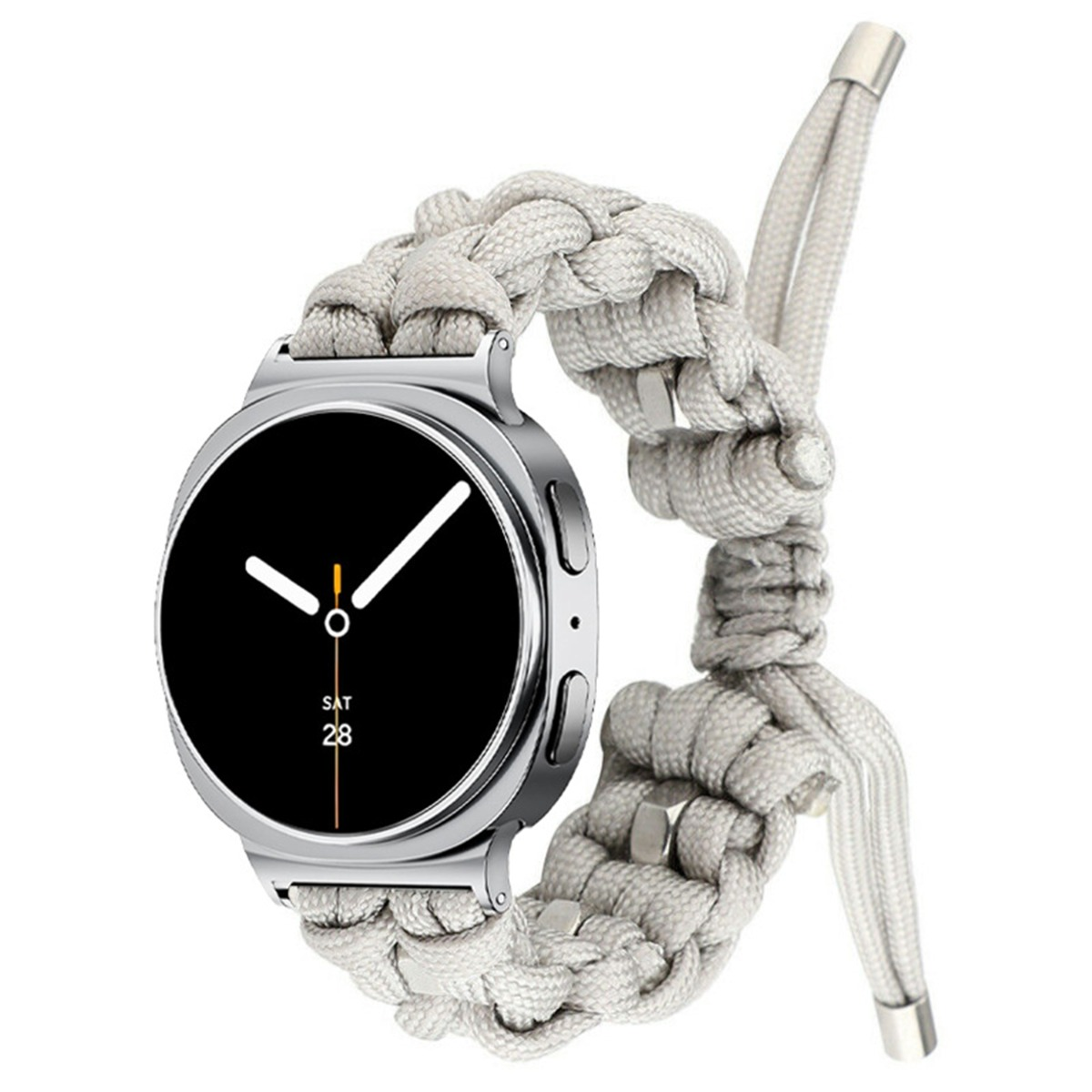 Smartwatch argento con quadrante nero e cinturino intrecciato.