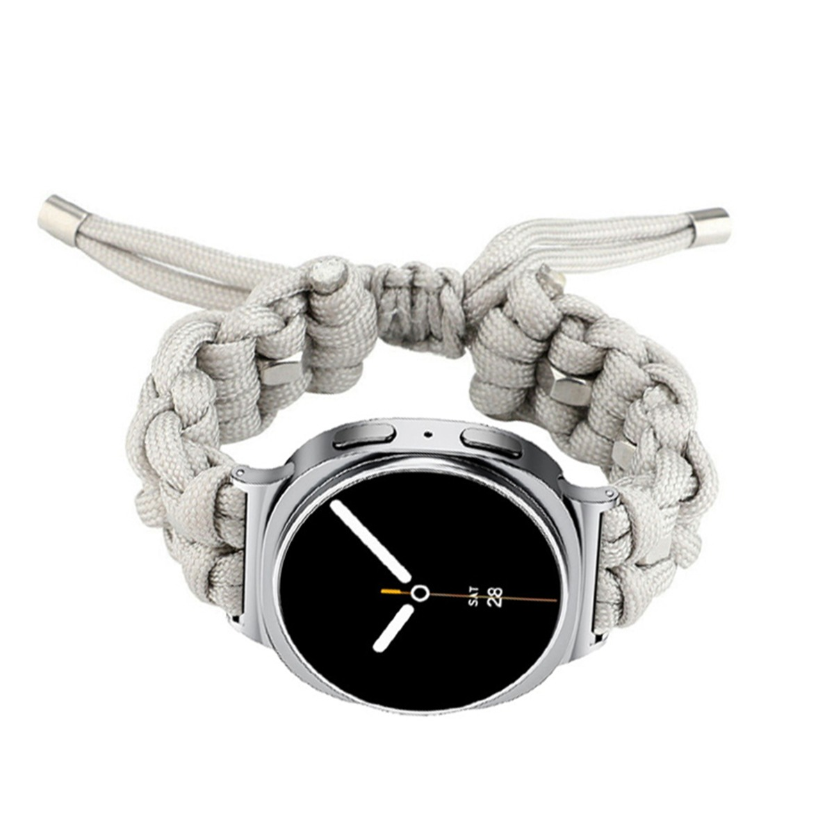 Un cinturino per orologio paracord grigio è fissato a uno smartwatch argentato.