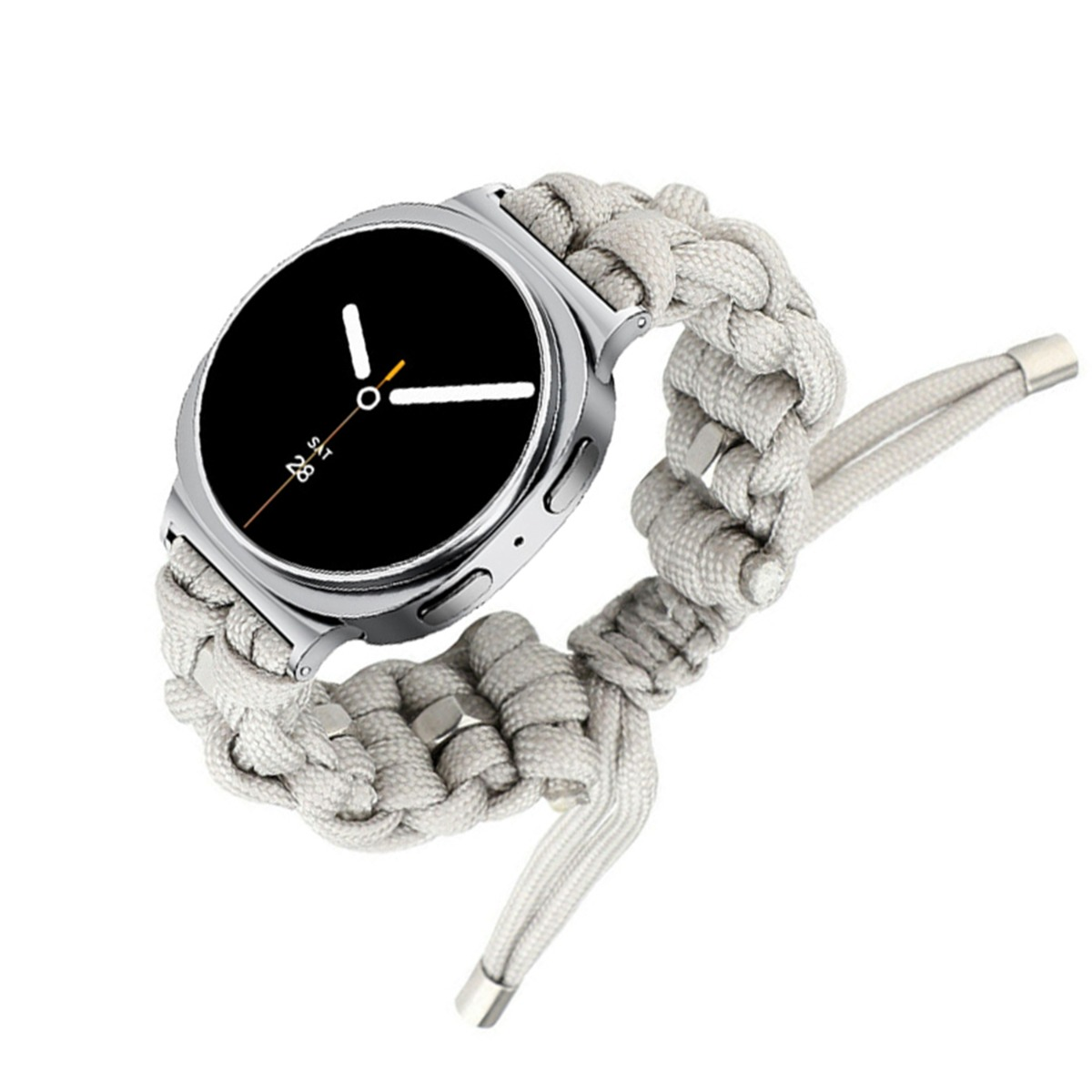 Smartwatch argento con cinturino in paracord grigio e quadrante nero.