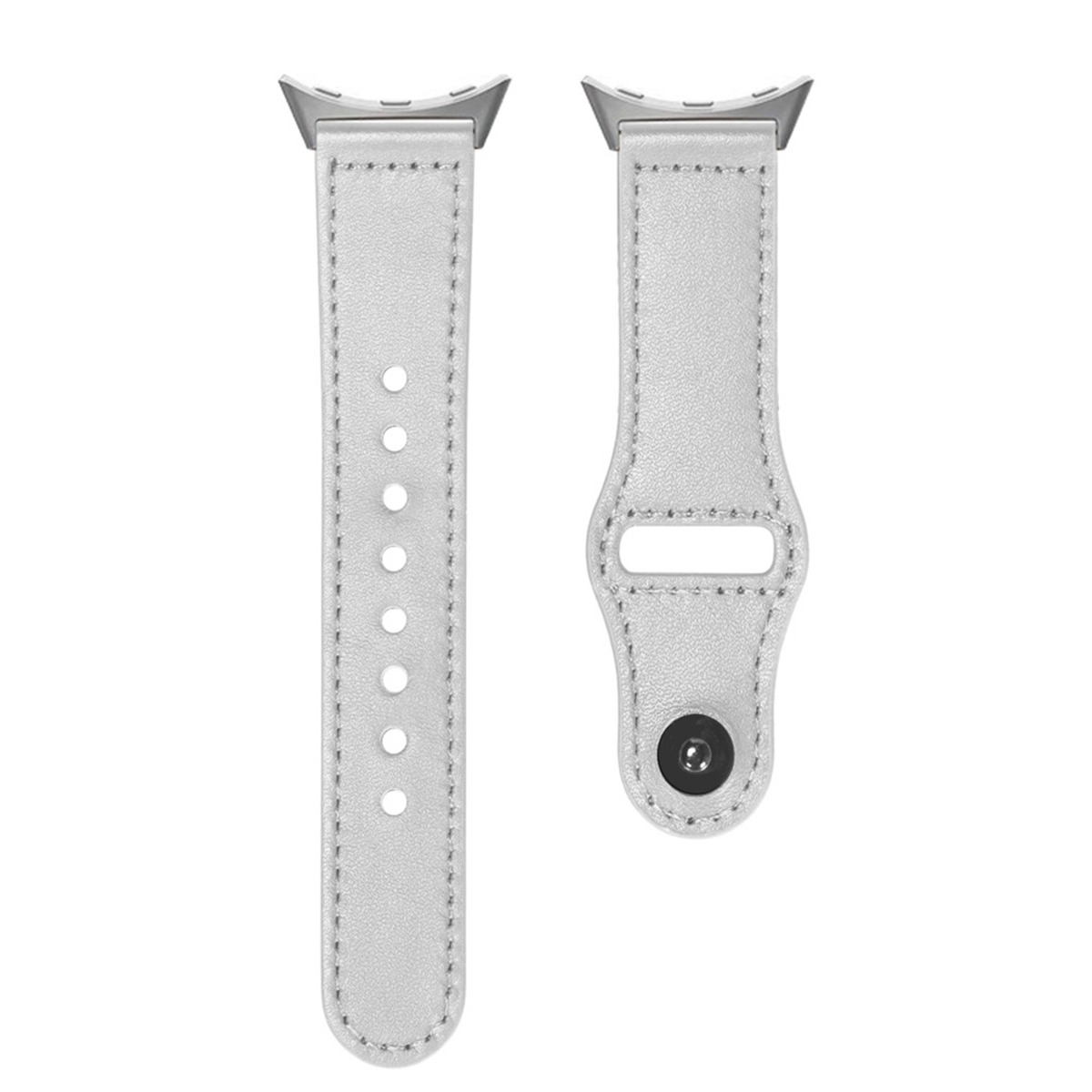 Zwei weiße Uhrenarmbänder mit silbernen Anschlüssen.