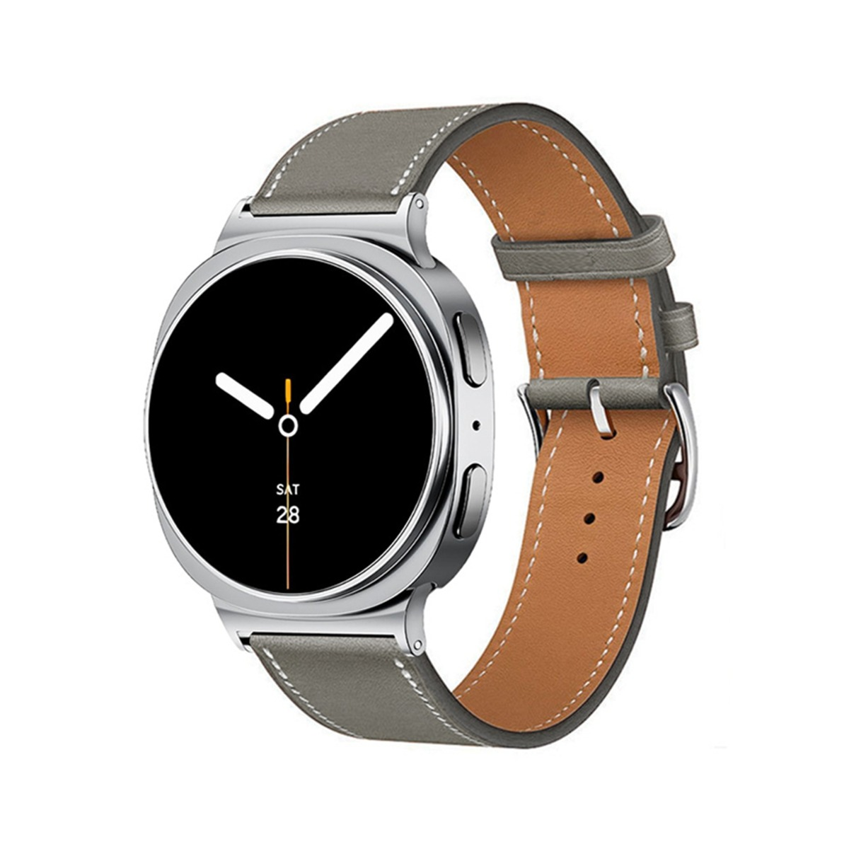 Uno smartwatch argentato con quadrante nero, data e cinturino in pelle grigia.