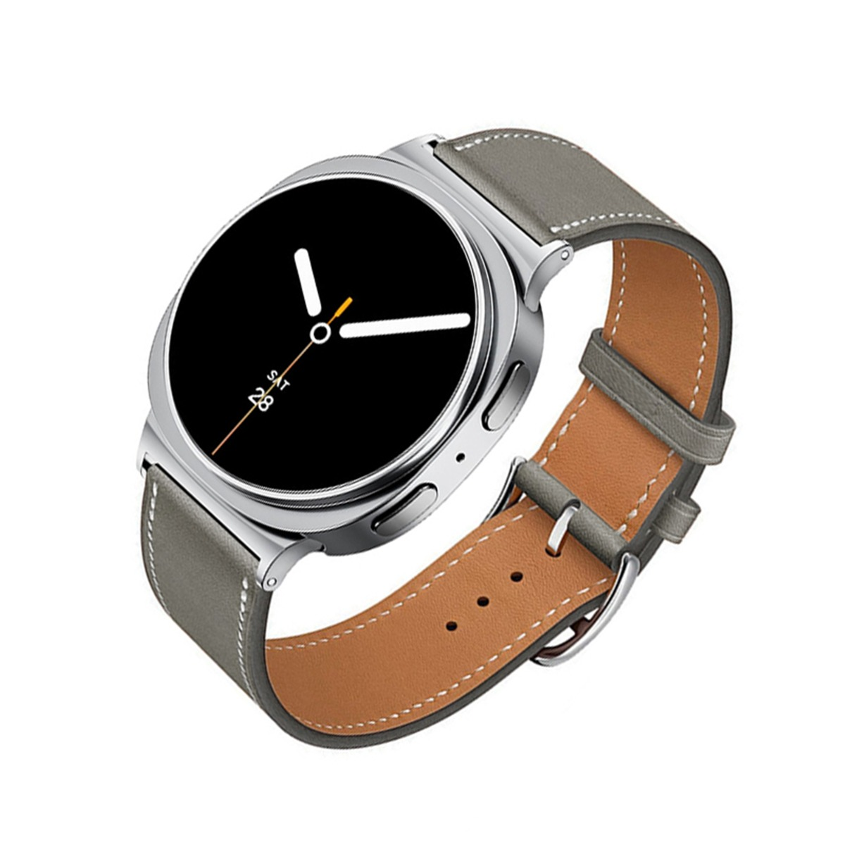 Uno smartwatch argentato con quadrante nero e cinturino in pelle marrone.