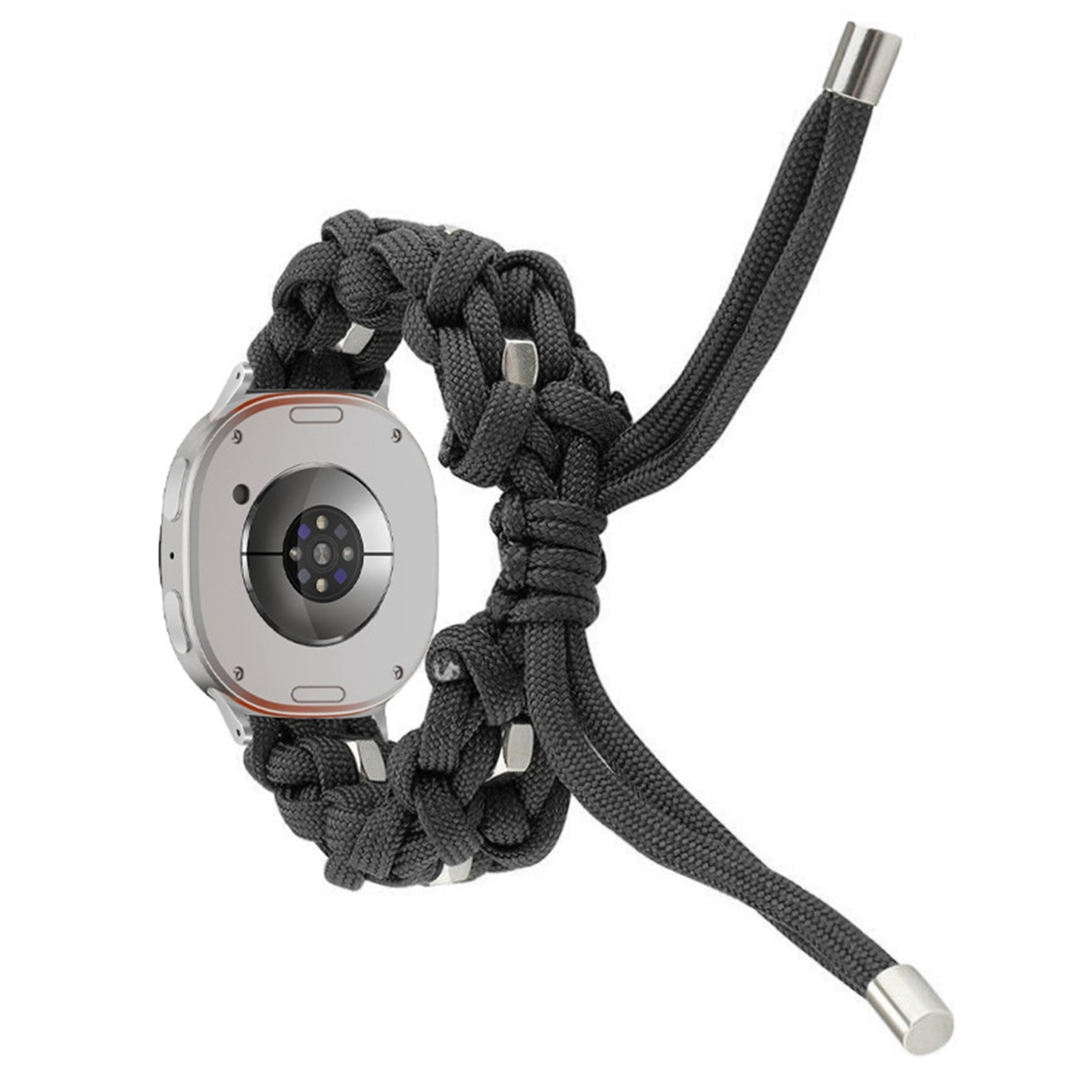 Smartwatch argento con cinturino in paracord nero, primo piano del retro.