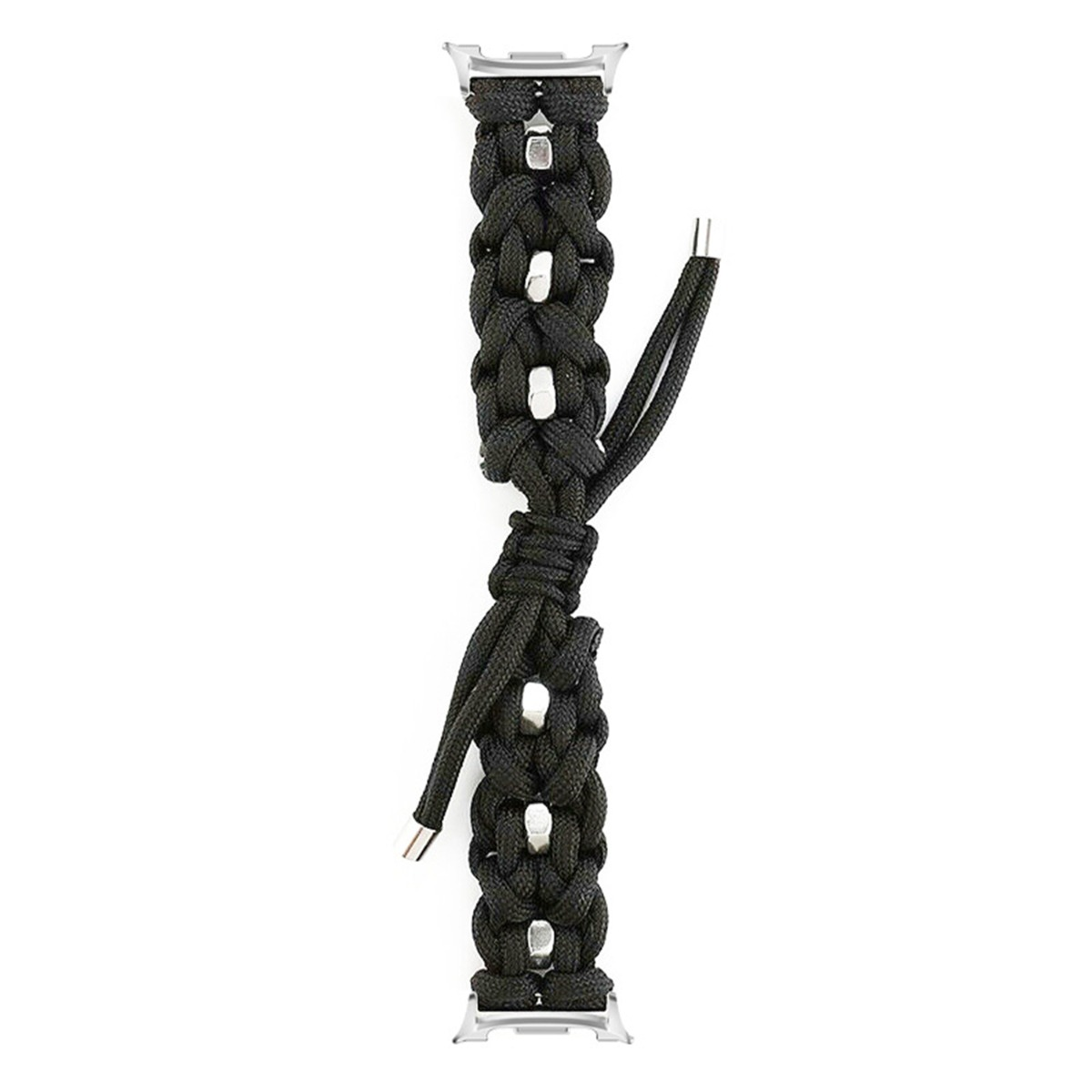 Cinturino per orologio in paracord nero con accenti argentati e connettori metallici.