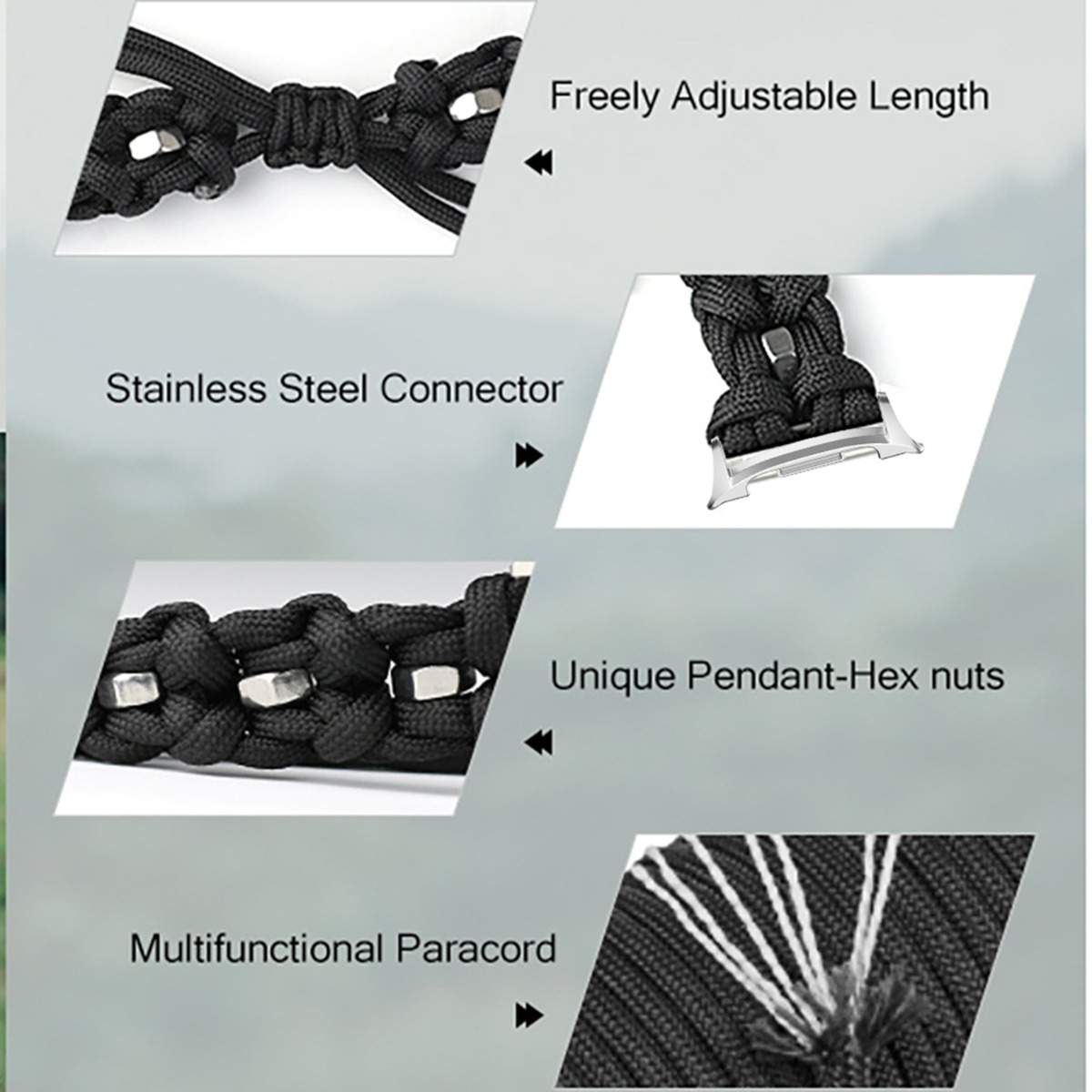 Bracciale paracord nero con connettore in acciaio, regolabile, con ciondolo.