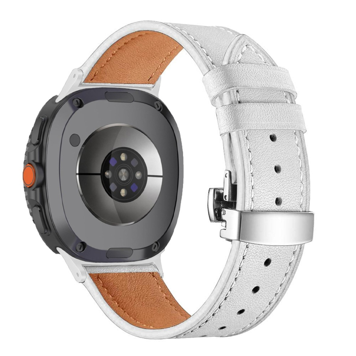 Rückseite einer Smartwatch mit weißem Lederarmband, braunem Innenfutter und Metallschnalle.