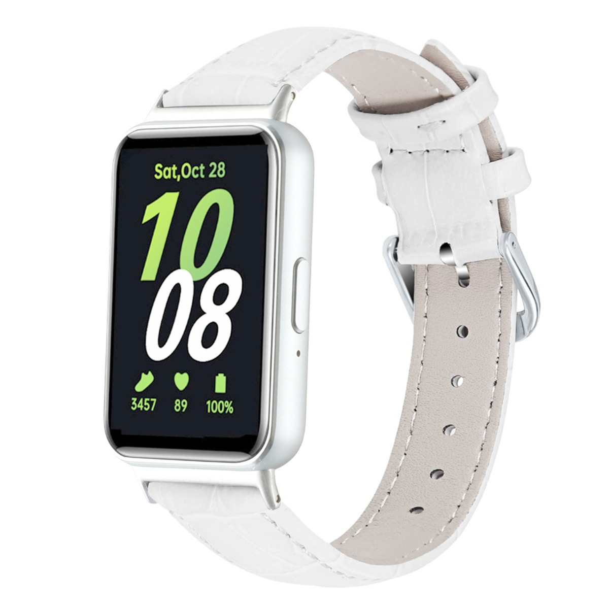 Weiße Smartwatch mit silbernem Gehäuse und weißem Krokodillederarmband.