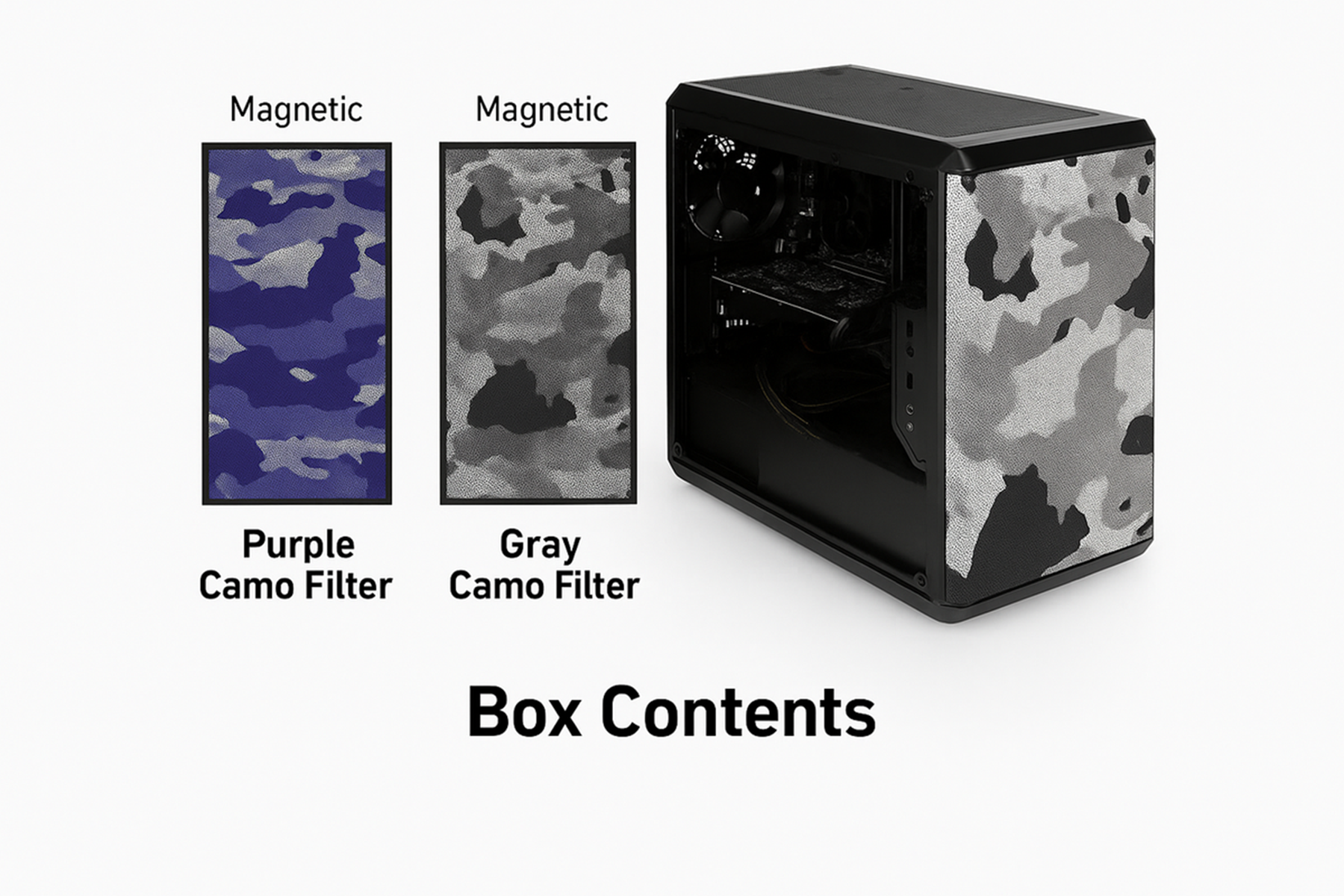 Zawartość pudełka: Obudowa PC z szarym panelem moro, fioletowym i szarym filtrem.