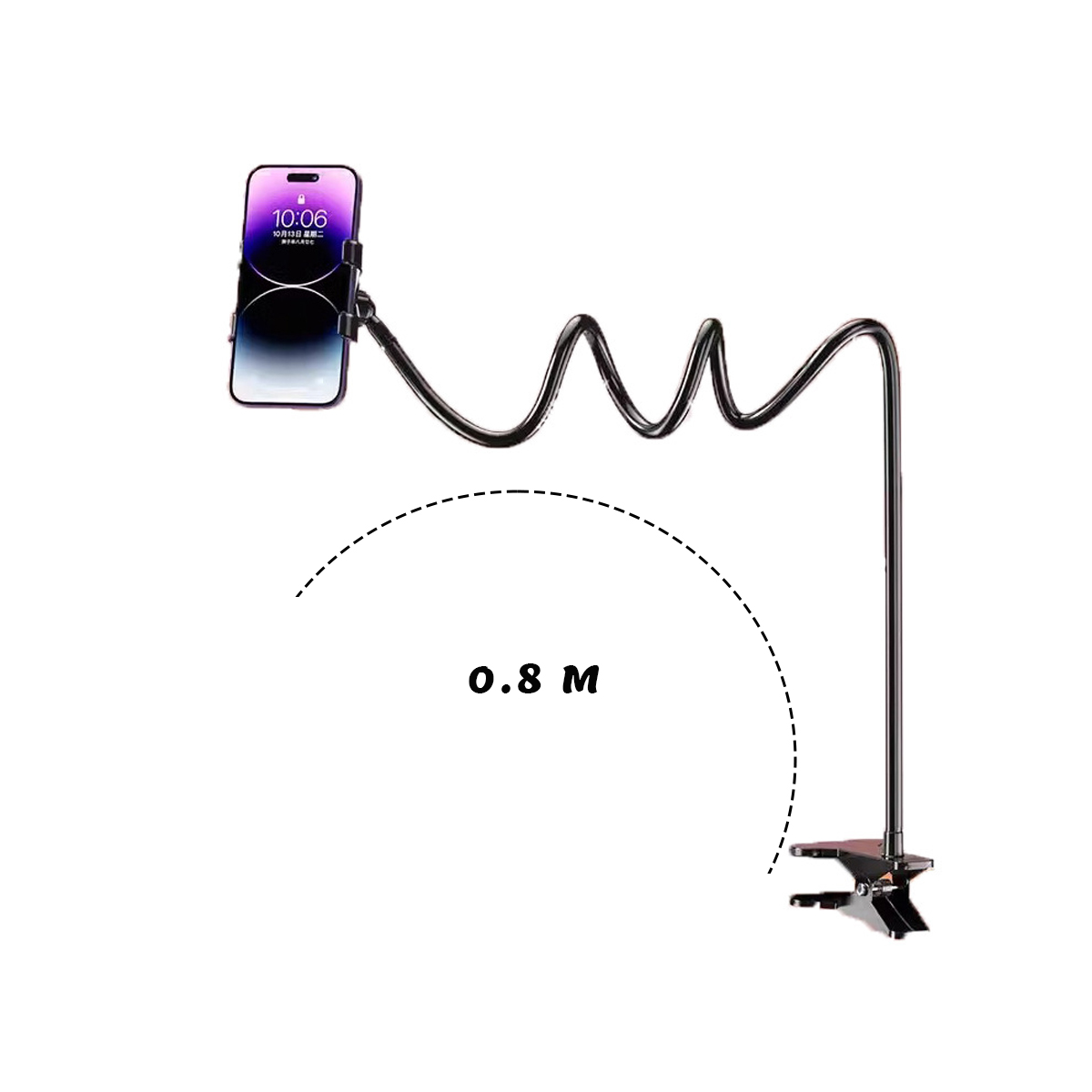 Ein flexibler Handyhalter mit Klemme und einem Arm, der 0,8 m Reichweite anzeigt.
