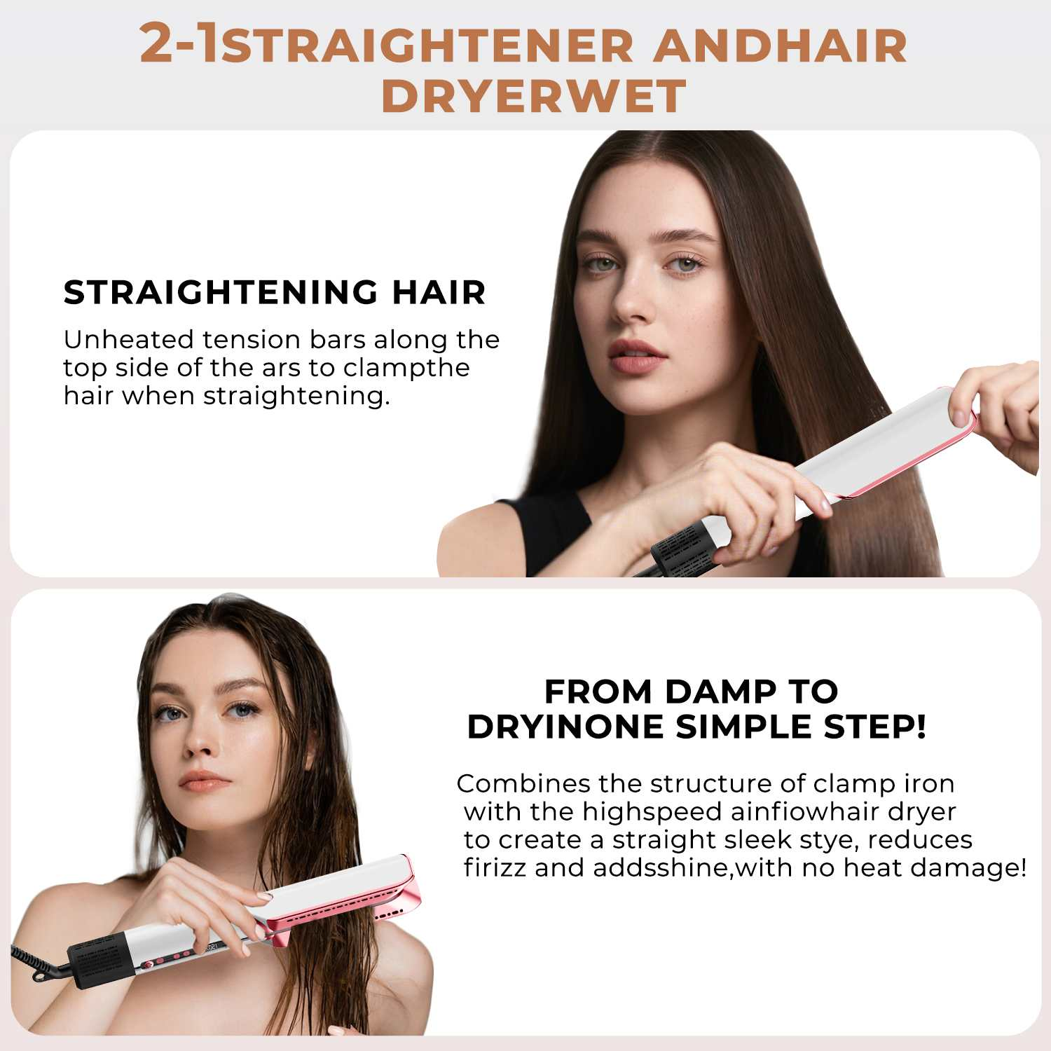 Frau glättet ihr Haar mit einem 2-in-1-Glätteisen und Haartrockner.
