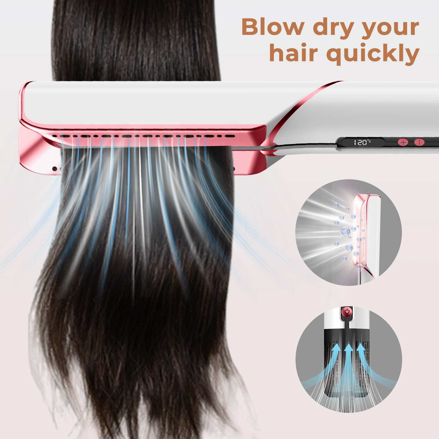 Haartrockner trocknet dunkles Haar mit weißer und roségoldener Oberfläche.