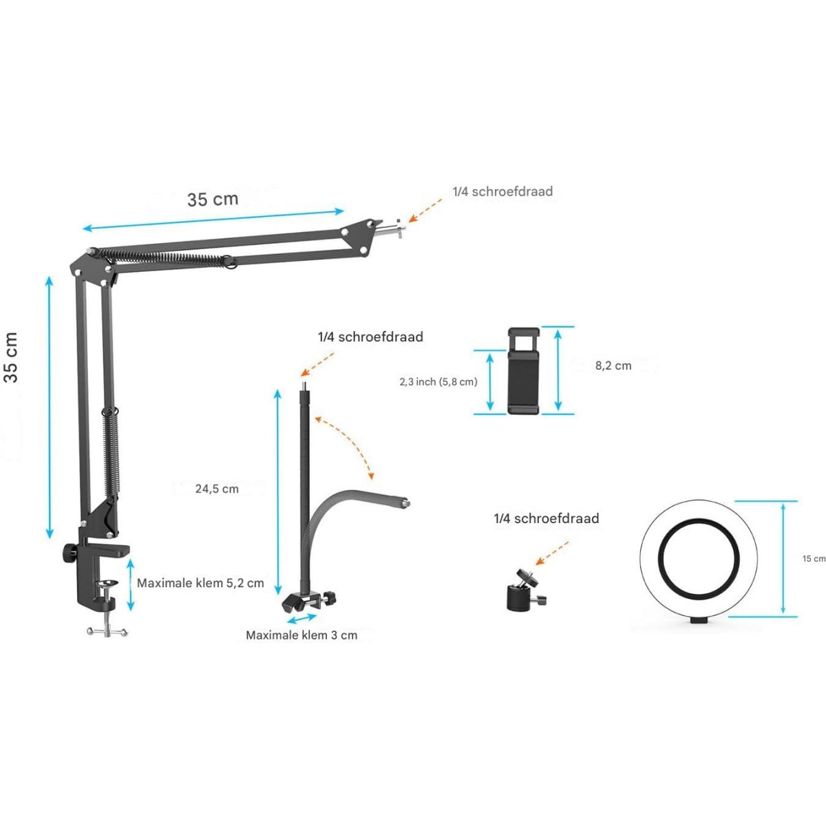 Diagramm zeigt ein Stativ, Handyhalterung, Ringlicht mit Maßen.