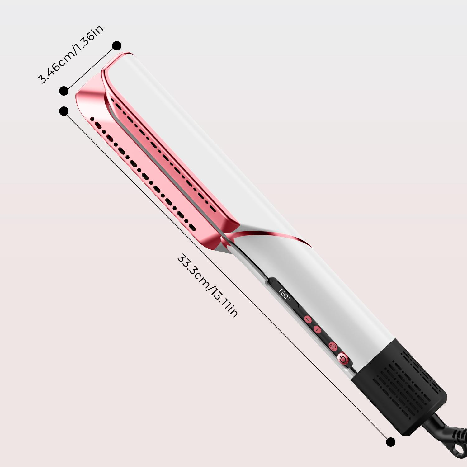 Weißer und roségoldener Haarglätter mit digitalen Bedienelementen und Maßen.