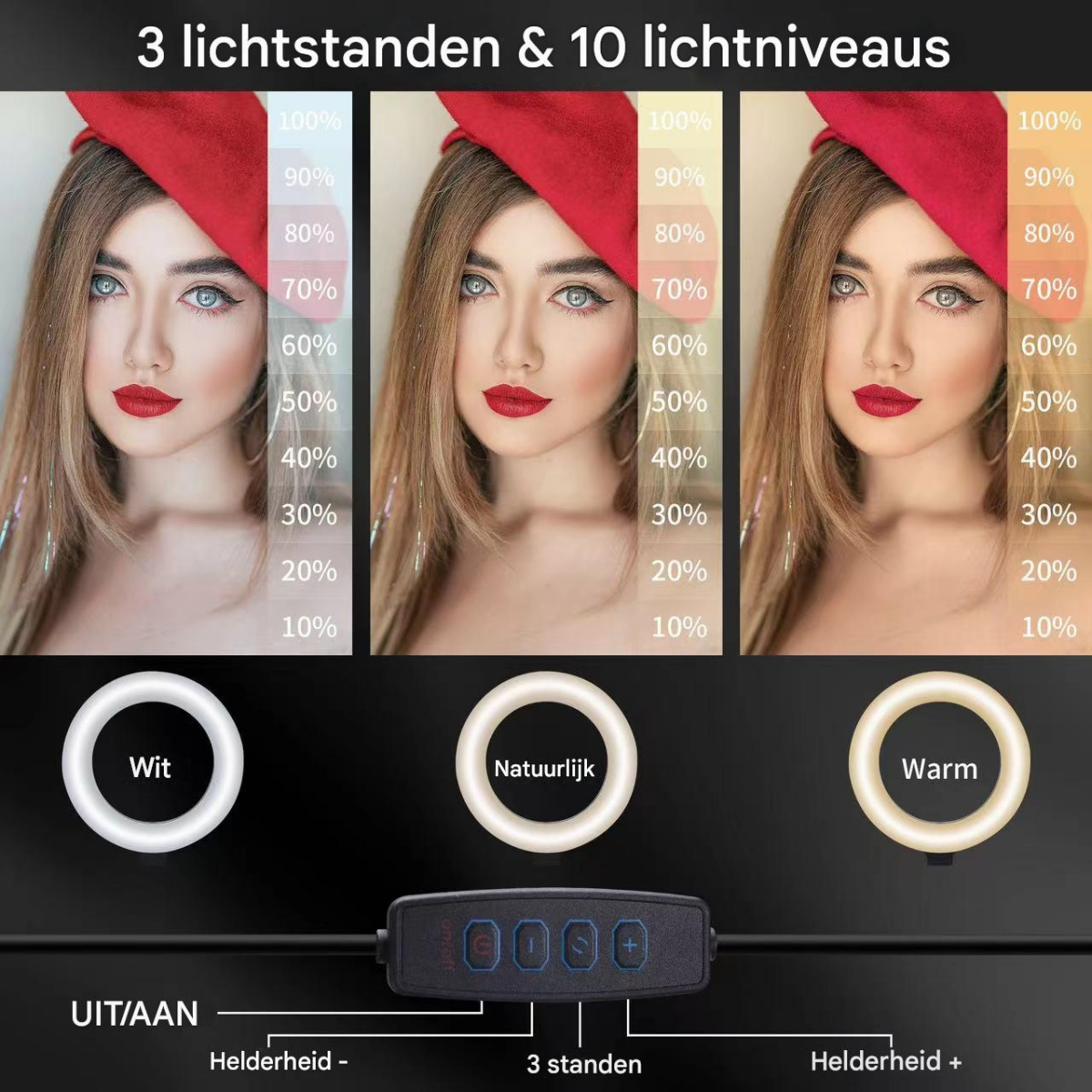 Drei Ringlichter mit unterschiedlichen Einstellungen und Helligkeitsstufen.