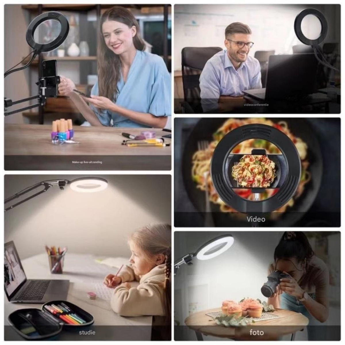 Collage zeigt Ringlichter bei Make-up, Videokonferenzen, Kochen, Lernen und Fotografieren.
